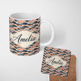 Personalized Custom Name Modern Orange and Navy Ocean Waves Seamless Pattern Name Cute 11oz Ceramic Coffee Tea Mug White Large Handle