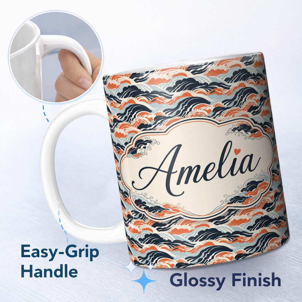 Personalized Custom Name Modern Orange and Navy Ocean Waves Seamless Pattern Name Cute 11oz Ceramic Coffee Tea Mug White Large Handle