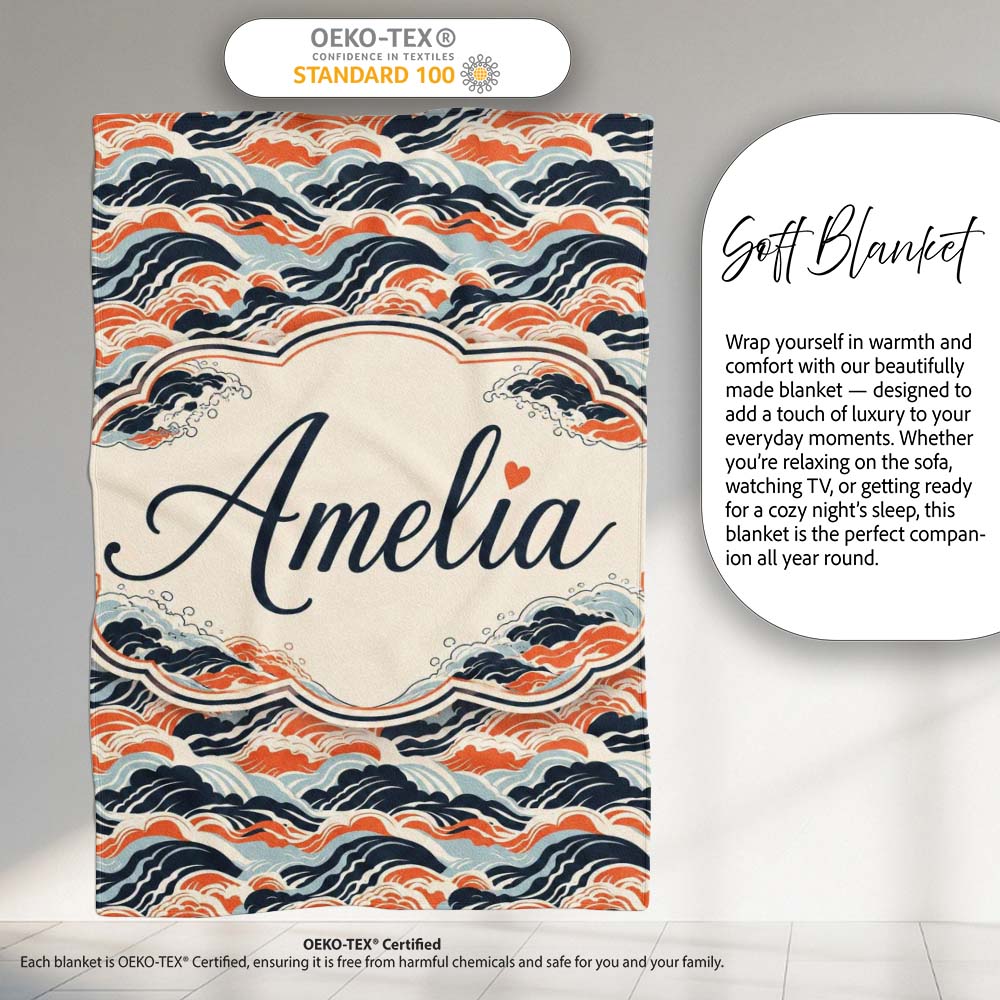 Modern Orange and Navy Ocean Waves Seamless Pattern Name Cute  Personalised Custom Name Super Soft Fleece Blanket Bed Sofa Throw