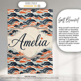 Modern Orange and Navy Ocean Waves Seamless Pattern Name Cute  Personalised Custom Name Super Soft Fleece Blanket Bed Sofa Throw