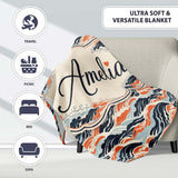 Modern Orange and Navy Ocean Waves Seamless Pattern Name Cute  Personalised Custom Name Super Soft Fleece Blanket Bed Sofa Throw