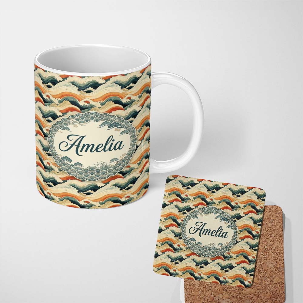 Personalized Custom Name Style Ocean Waves with Warm Tones Seamless Pattern Name Cute Unique 11oz Ceramic Coffee Tea Mug White Large Handle