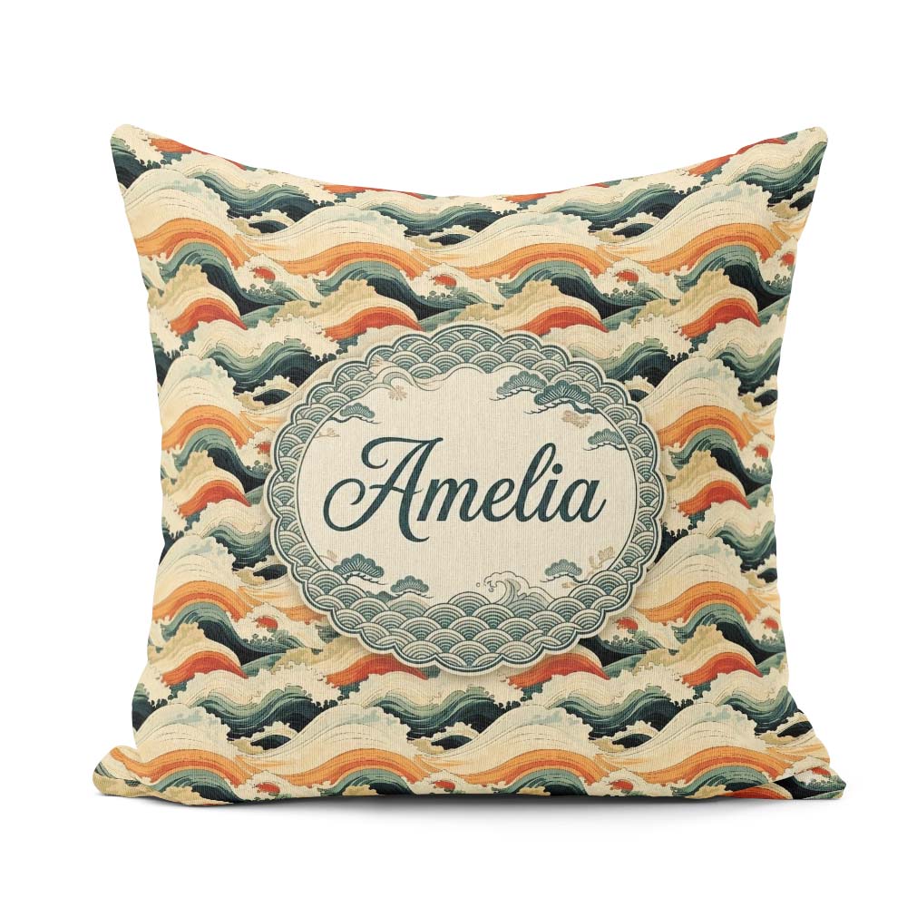 Custom Name Style Ocean Waves with Warm Tones Seamless Name Cute Square Filled Cushion Throw Pillow Sofa Bed Home Decor Zip Washable UK Made
