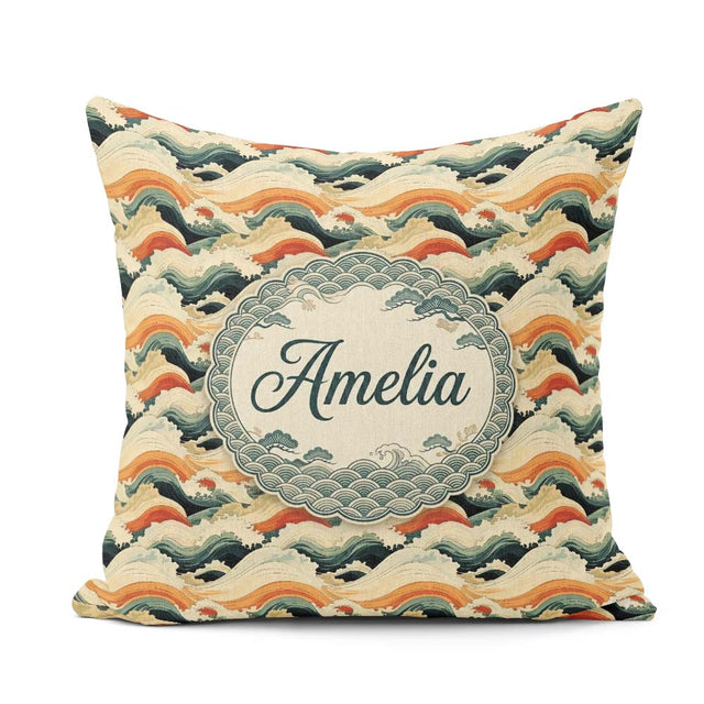 Custom Name Style Ocean Waves with Warm Tones Seamless Name Cute Square Filled Cushion Throw Pillow Sofa Bed Home Decor Zip Washable UK Made