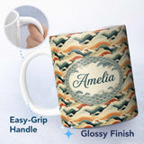 Personalized Custom Name Style Ocean Waves with Warm Tones Seamless Pattern Name Cute Unique 11oz Ceramic Coffee Tea Mug White Large Handle