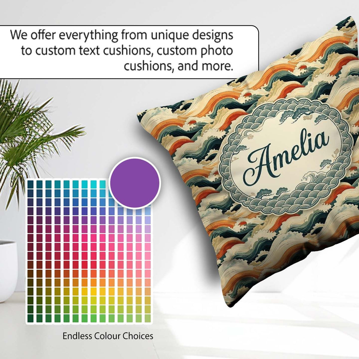 Custom Name Style Ocean Waves with Warm Tones Seamless Name Cute Square Filled Cushion Throw Pillow Sofa Bed Home Decor Zip Washable UK Made