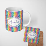 Personalized Custom Name Watercolor Leaf Stripe Rainbow Pattern Seamless Botanical Design 11oz Ceramic Coffee Tea Mug White Large Handle
