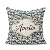 Custom Name Japanese Wave Art with Red Details Seamless Pattern Square Filled Cushion Throw Pillow Sofa Bed Home Decor Zip Washable UK Made
