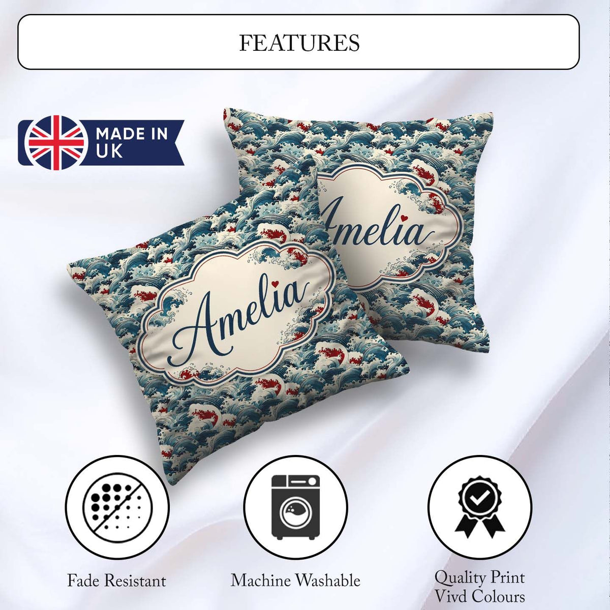 Custom Name Japanese Wave Art with Red Details Seamless Pattern Square Filled Cushion Throw Pillow Sofa Bed Home Decor Zip Washable UK Made