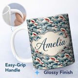 Personalized Custom Name Traditional Japanese Wave Art with Red Details Seamless Pattern 11oz Ceramic Coffee Tea Mug White Large Handle