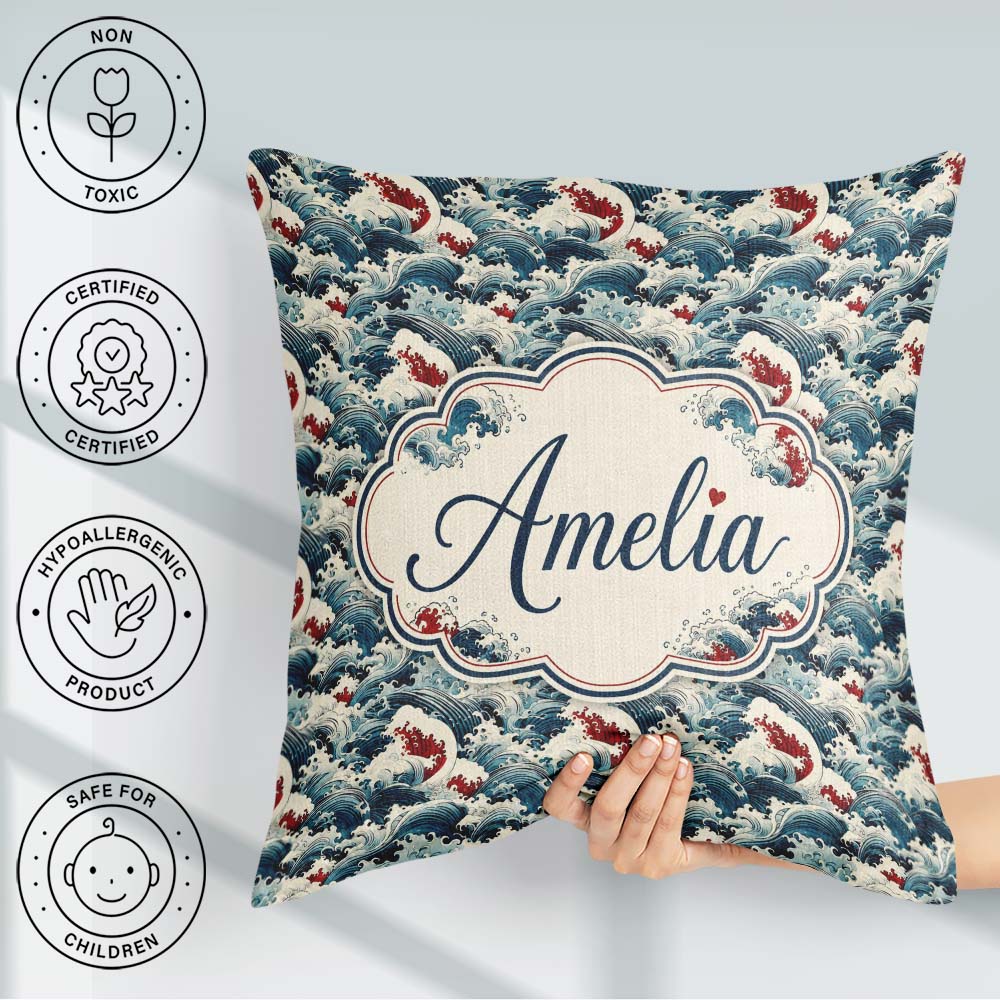Custom Name Japanese Wave Art with Red Details Seamless Pattern Square Filled Cushion Throw Pillow Sofa Bed Home Decor Zip Washable UK Made