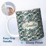 Personalized Custom Name Vintage Ocean Waves with Deep Blue Tones Seamless Pattern Custom 11oz Ceramic Coffee Tea Mug White Large Handle