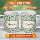Personalized Custom Name Stylized Ocean Waves with Soft Green Tones Seamless Pattern Name 11oz Ceramic Coffee Tea Mug White Large Handle