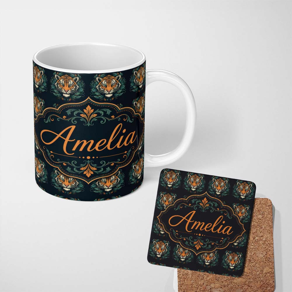 Personalized Custom Name Decorative Tiger Portrait with Leaves Seamless Pattern Lovely 11oz Ceramic Coffee Tea Mug White Large Handle