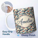 Personalized Custom Name Detailed Japanese Wave Pattern with Bold Contrast Seamless Name Cute 11oz Ceramic Coffee Tea Mug White Large Handle