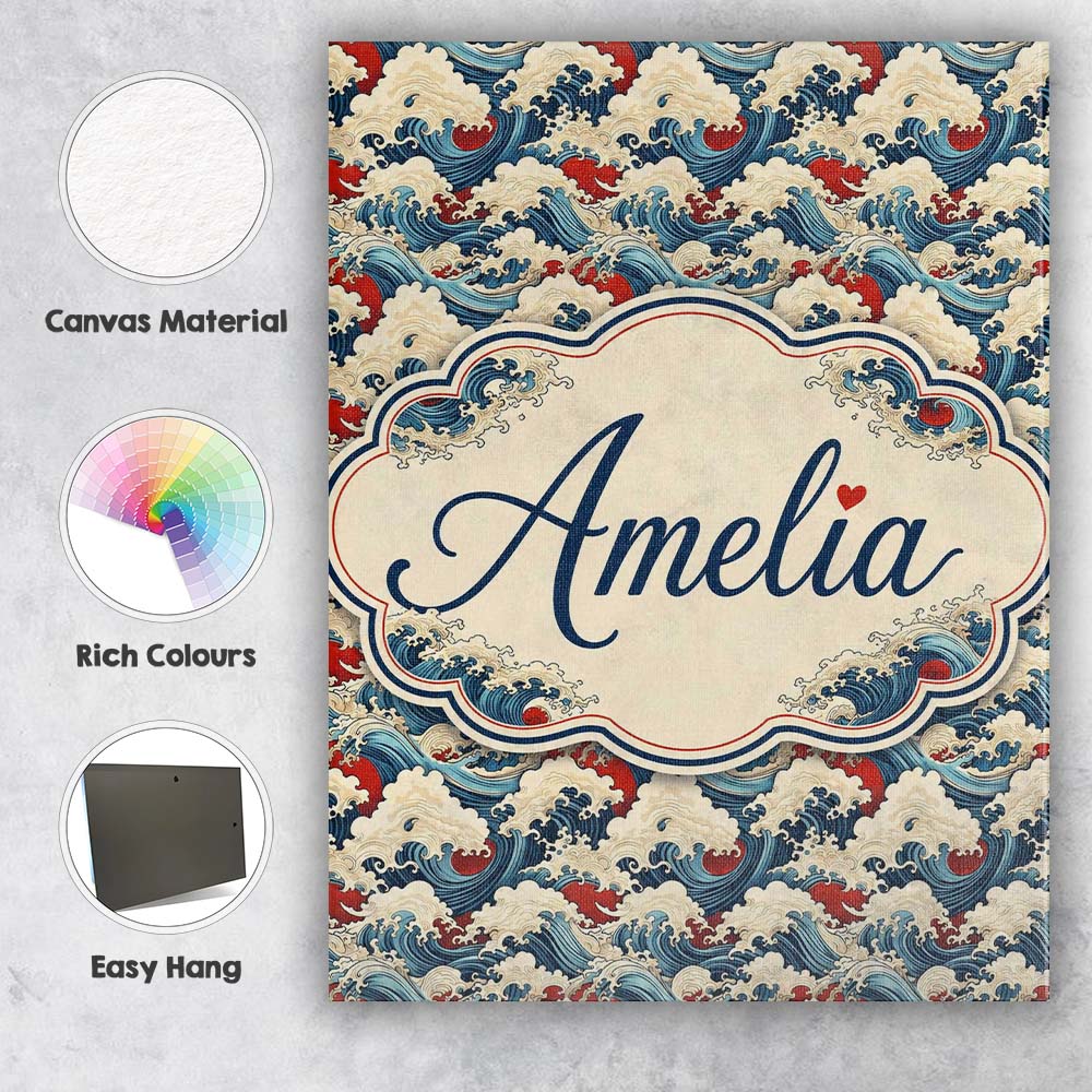 Personalised Name Detailed Japanese Wave Custom  Unique Gift Idea Elegant Feature Canvas Wall Art Print Decor Picture Ready to Hang