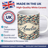 Personalized Custom Name Detailed Japanese Wave Pattern with Bold Contrast Seamless Name Cute 11oz Ceramic Coffee Tea Mug White Large Handle