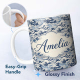 Personalized Custom Name Classic Blue Japanese Ocean Waves Seamless Pattern Name Cute Unique 11oz Ceramic Coffee Tea Mug White Large Handle