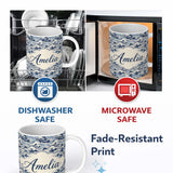 Personalized Custom Name Classic Blue Japanese Ocean Waves Seamless Pattern Name Cute Unique 11oz Ceramic Coffee Tea Mug White Large Handle