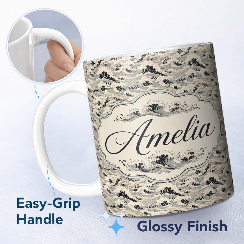 Personalized Custom Name Vintage Neutral Japanese Wave Pattern Seamless Design Name Cute 11oz Ceramic Coffee Tea Mug White Large Handle