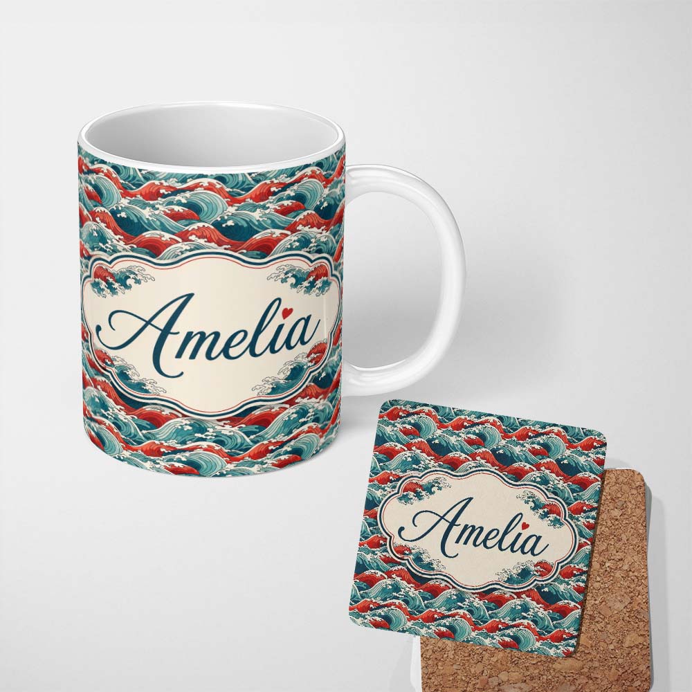 Personalized Custom Name Bold Red and Teal Ocean Waves Seamless Pattern Name Cute Unique Gift 11oz Ceramic Coffee Tea Mug White Large Handle