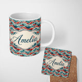 Personalized Custom Name Bold Red and Teal Ocean Waves Seamless Pattern Name Cute Unique Gift 11oz Ceramic Coffee Tea Mug White Large Handle