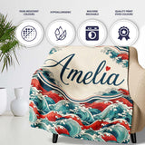 Bold Red and Teal Ocean Waves Seamless Pattern Name Cute Unique Gift  Personalised Custom Name Super Soft Fleece Blanket Bed Sofa Throw