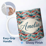 Personalized Custom Name Bold Red and Teal Ocean Waves Seamless Pattern Name Cute Unique Gift 11oz Ceramic Coffee Tea Mug White Large Handle