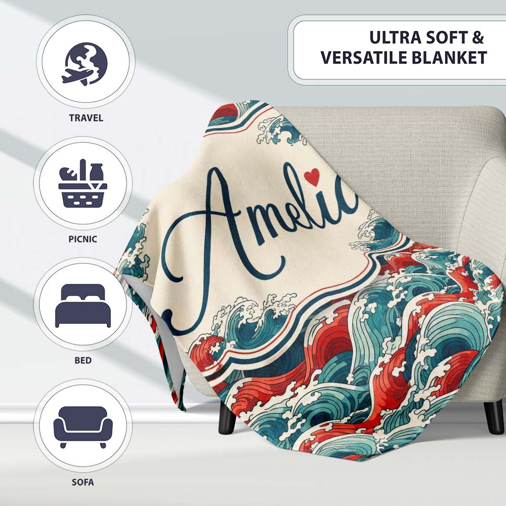 Bold Red and Teal Ocean Waves Seamless Pattern Name Cute Unique Gift  Personalised Custom Name Super Soft Fleece Blanket Bed Sofa Throw
