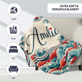 Bold Red and Teal Ocean Waves Seamless Pattern Name Cute Unique Gift  Personalised Custom Name Super Soft Fleece Blanket Bed Sofa Throw