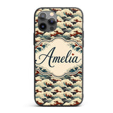 Dark Navy and Cream Japanese Waves Printed Design Custom Name Protective Phone Case Mobile Cover Durable Everyday Smartphone Shock Resistant