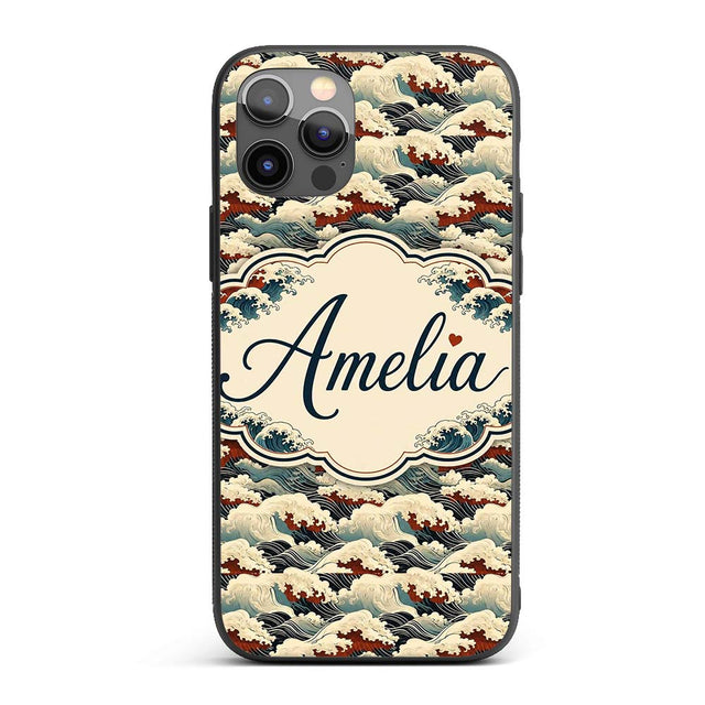 Dark Navy and Cream Japanese Waves Printed Design Custom Name Protective Phone Case Mobile Cover Durable Everyday Smartphone Shock Resistant