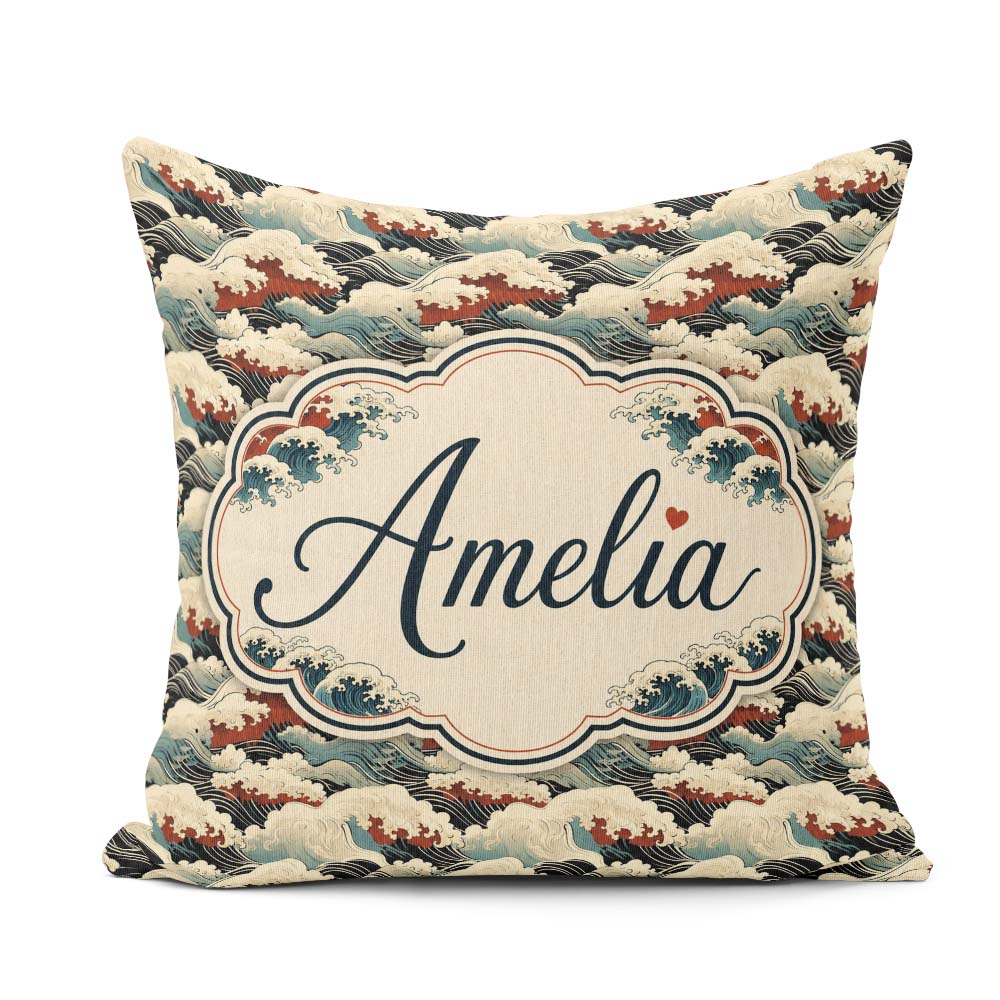Custom Name Dark Navy and Cream Japanese Waves Pattern Name Cute Square Filled Cushion Throw Pillow Sofa Bed Home Decor Zip Washable UK Made