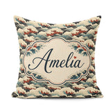 Custom Name Dark Navy and Cream Japanese Waves Pattern Name Cute Square Filled Cushion Throw Pillow Sofa Bed Home Decor Zip Washable UK Made