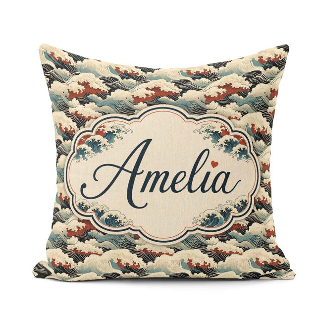 Custom Name Dark Navy and Cream Japanese Waves Pattern Name Cute Square Filled Cushion Throw Pillow Sofa Bed Home Decor Zip Washable UK Made
