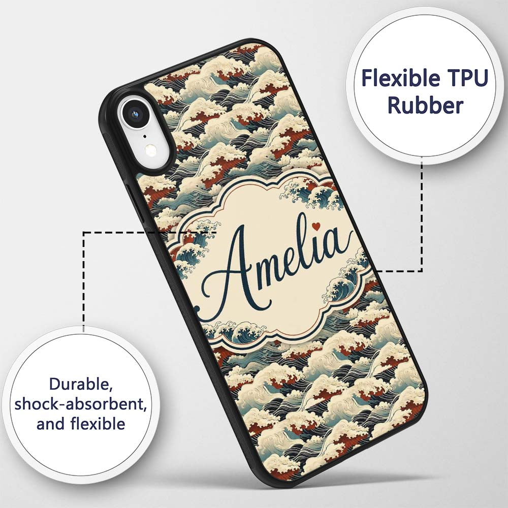 Dark Navy and Cream Japanese Waves Printed Design Custom Name Protective Phone Case Mobile Cover Durable Everyday Smartphone Shock Resistant