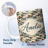Personalized Custom Name Dark Navy and Cream Japanese Waves Seamless Pattern Name Cute 11oz Ceramic Coffee Tea Mug White Large Handle