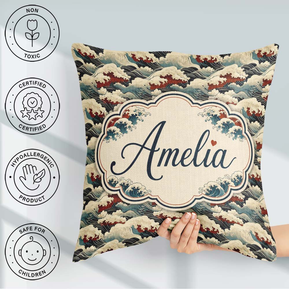 Custom Name Dark Navy and Cream Japanese Waves Pattern Name Cute Square Filled Cushion Throw Pillow Sofa Bed Home Decor Zip Washable UK Made