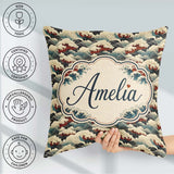 Custom Name Dark Navy and Cream Japanese Waves Pattern Name Cute Square Filled Cushion Throw Pillow Sofa Bed Home Decor Zip Washable UK Made