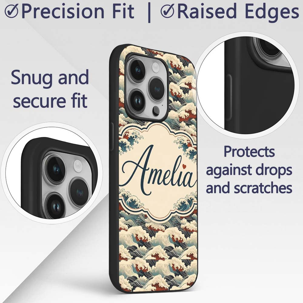 Dark Navy and Cream Japanese Waves Printed Design Custom Name Protective Phone Case Mobile Cover Durable Everyday Smartphone Shock Resistant