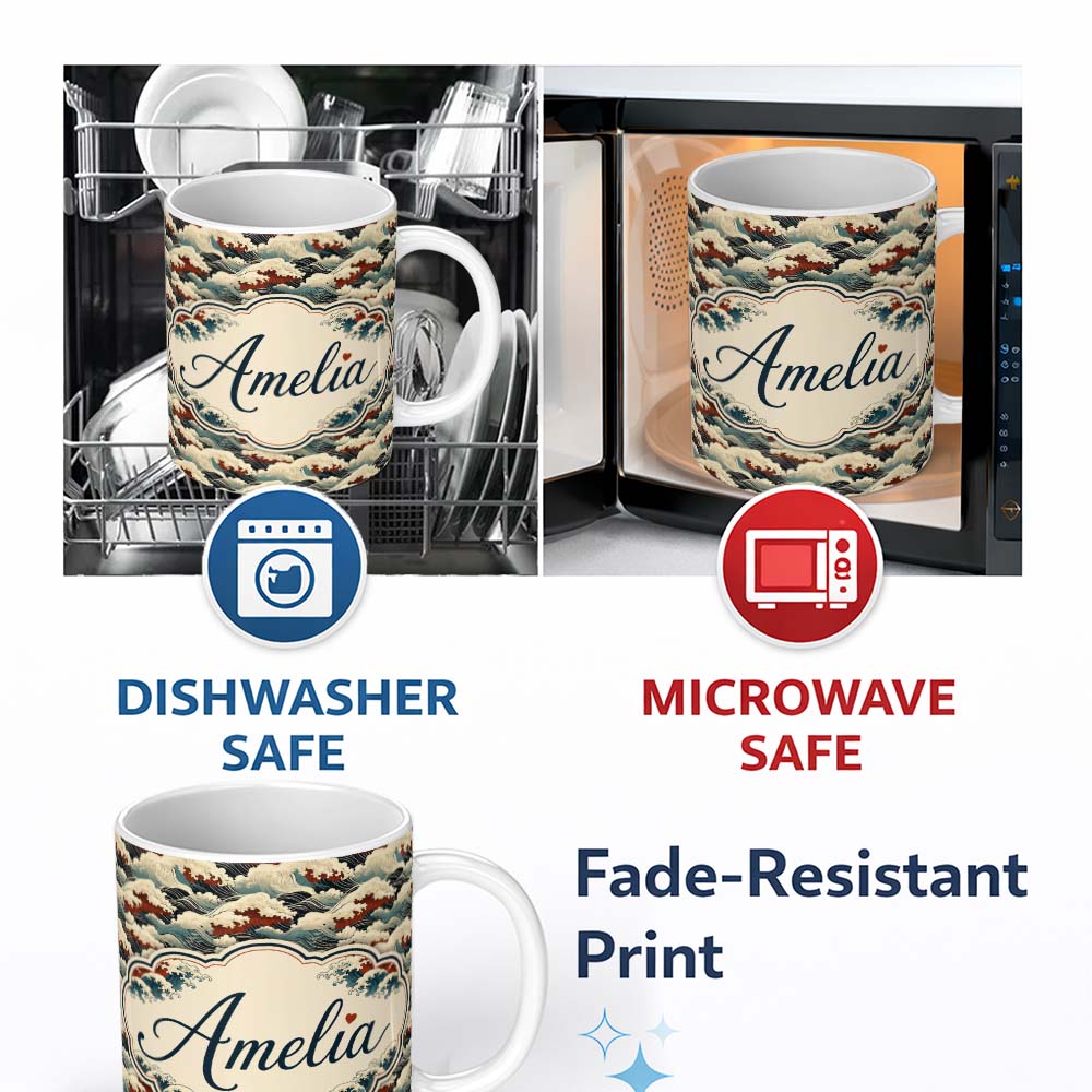 Personalized Custom Name Dark Navy and Cream Japanese Waves Seamless Pattern Name Cute 11oz Ceramic Coffee Tea Mug White Large Handle