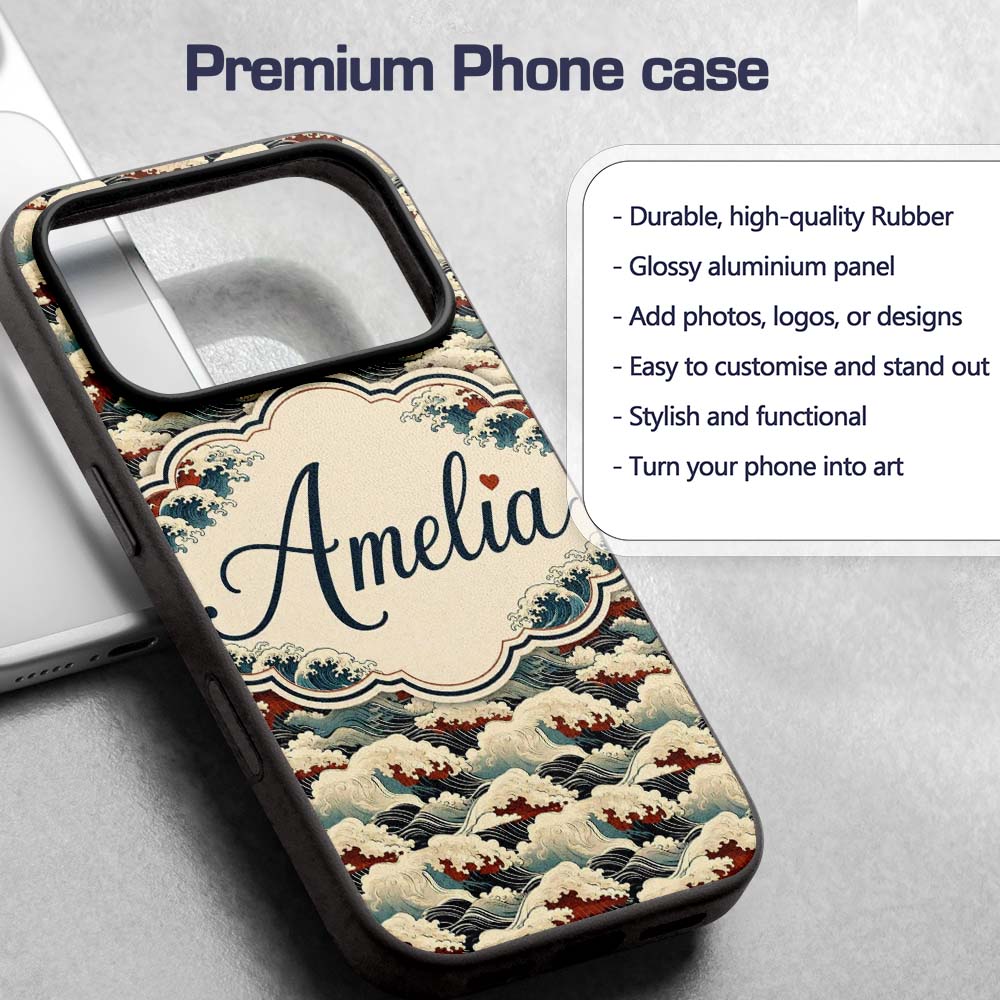 Dark Navy and Cream Japanese Waves Printed Design Custom Name Protective Phone Case Mobile Cover Durable Everyday Smartphone Shock Resistant
