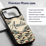 Dark Navy and Cream Japanese Waves Printed Design Custom Name Protective Phone Case Mobile Cover Durable Everyday Smartphone Shock Resistant
