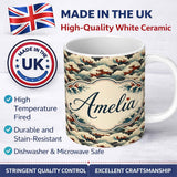 Personalized Custom Name Dark Navy and Cream Japanese Waves Seamless Pattern Name Cute 11oz Ceramic Coffee Tea Mug White Large Handle