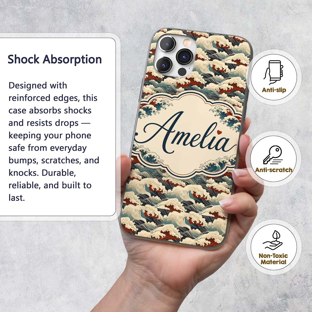 Dark Navy and Cream Japanese Waves Printed Design Custom Name Protective Phone Case Mobile Cover Durable Everyday Smartphone Shock Resistant