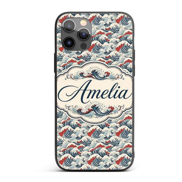 Traditional Red Cresting Waves Seamless Pattern Custom Name Protective Phone Case Mobile Cover Durable Everyday Smartphone Shock Resistant