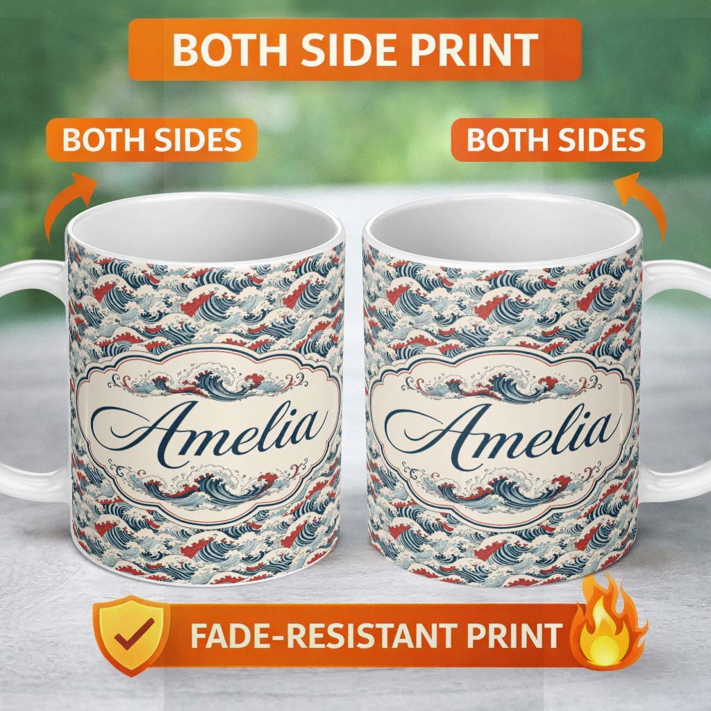 Personalized Custom Name Traditional Red Cresting Waves Seamless Pattern Name Cute Unique 11oz Ceramic Coffee Tea Mug White Large Handle