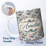 Personalized Custom Name Traditional Red Cresting Waves Seamless Pattern Name Cute Unique 11oz Ceramic Coffee Tea Mug White Large Handle