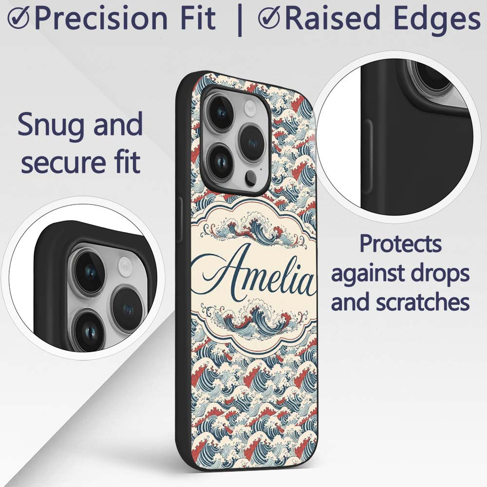 Traditional Red Cresting Waves Seamless Pattern Custom Name Protective Phone Case Mobile Cover Durable Everyday Smartphone Shock Resistant