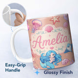 Personalized Custom Name Cute Blue Hair Mermaid Jellyfish Seahorse Peach Background Seamless 11oz Ceramic Coffee Tea Mug White Large Handle